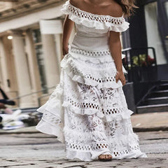 Elegant White Lace Off Shoulder Boho Dress