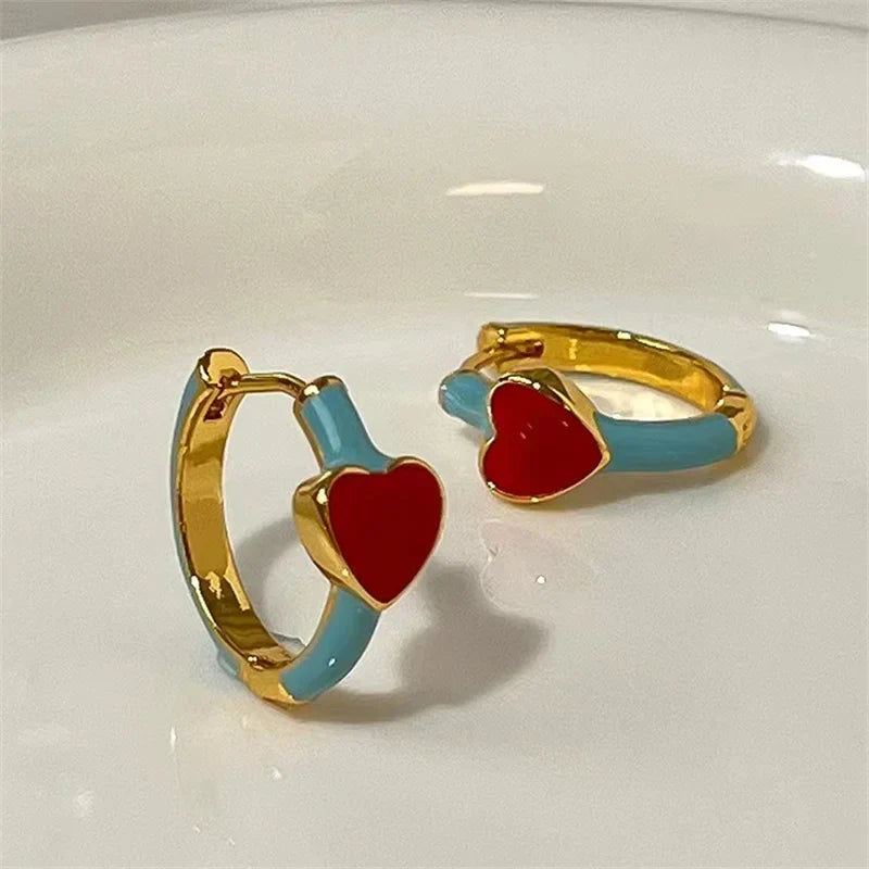 Enamel Heart Small Hoop Trendy Geometric Statement Round Circle Huggie Earring