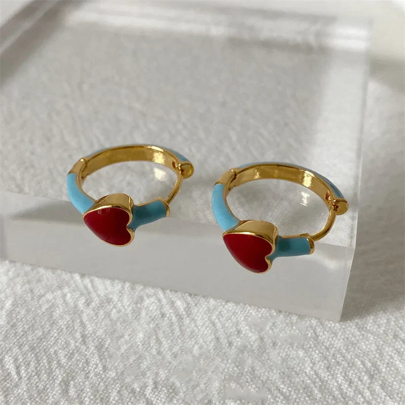 Enamel Heart Small Hoop Trendy Geometric Statement Round Circle Huggie Earring