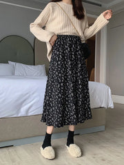 Vintage A-line Pleated Drawstring Elastic Waist Midi Skirt
