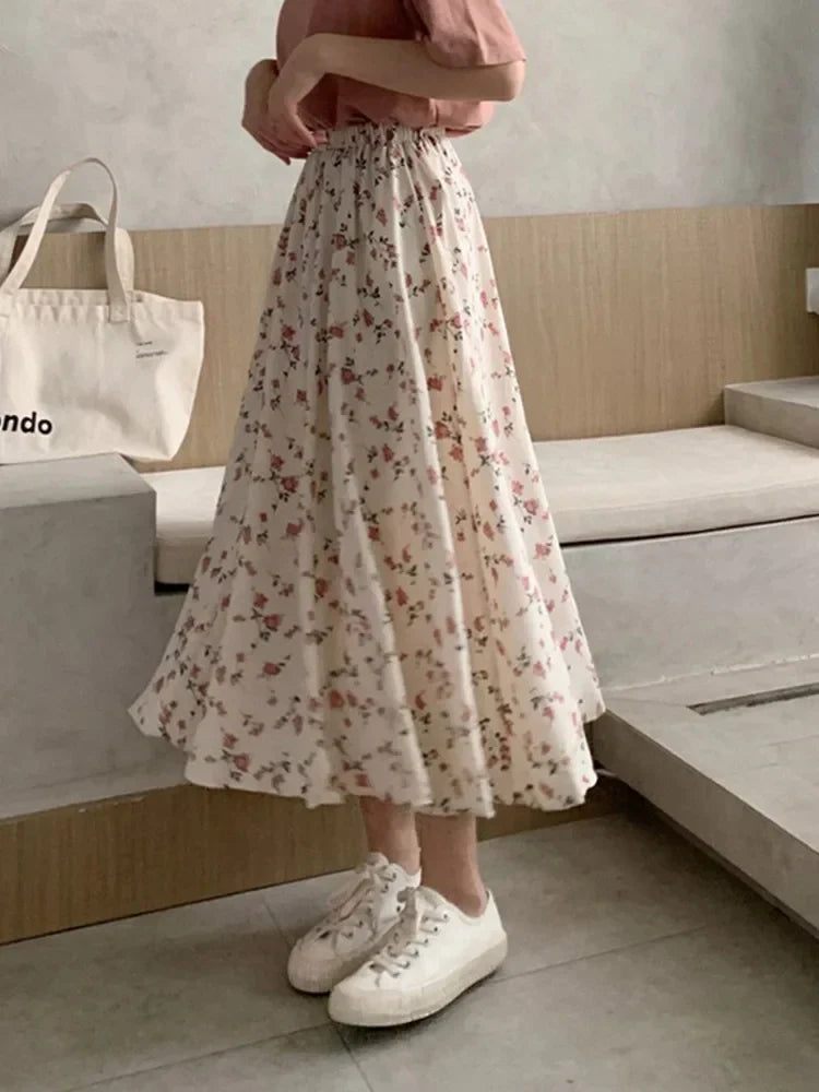 Vintage A-line Pleated Drawstring Elastic Waist Midi Skirt