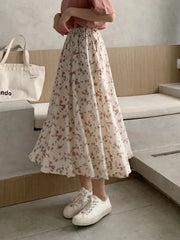 Vintage A-line Pleated Drawstring Elastic Waist Midi Skirt