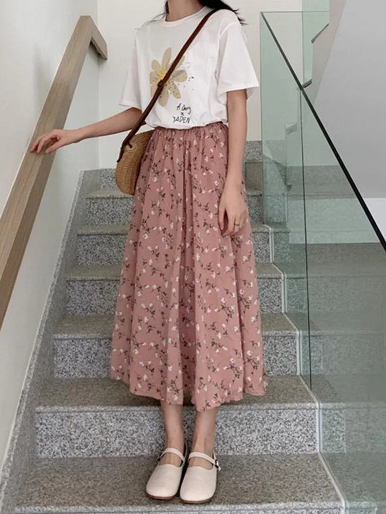 Vintage A-line Pleated Drawstring Elastic Waist Midi Skirt