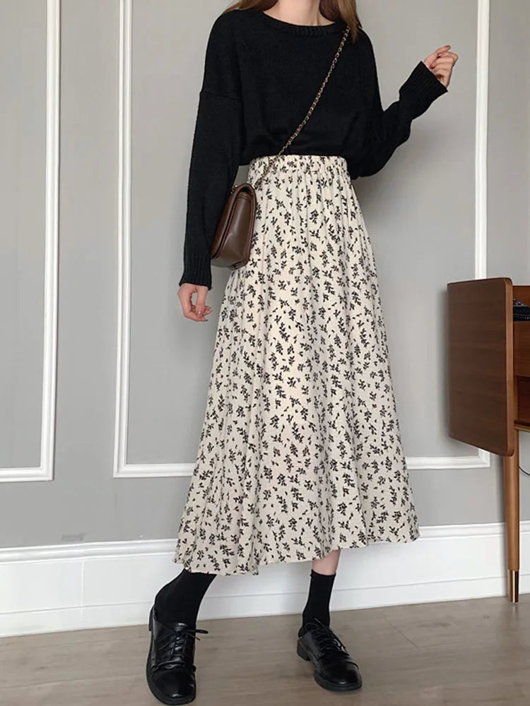 Vintage A-line Pleated Drawstring Elastic Waist Midi Skirt
