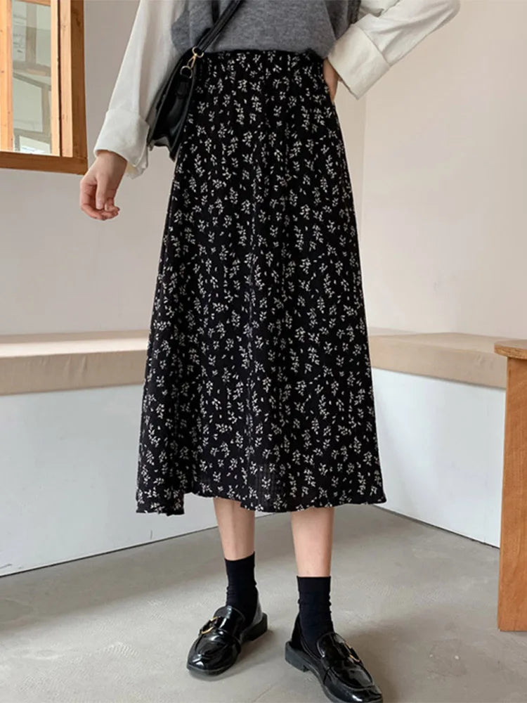 Vintage A-line Pleated Drawstring Elastic Waist Midi Skirt