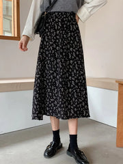 Vintage A-line Pleated Drawstring Elastic Waist Midi Skirt