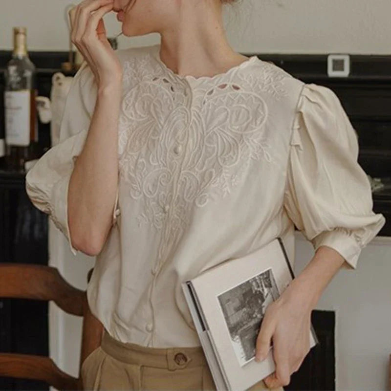 Vintage French Business Summer Fashion Lantern Sleeve Round Neck Office Lady Embroidered Blouse