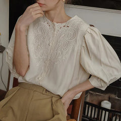 Vintage French Business Summer Fashion Lantern Sleeve Round Neck Office Lady Embroidered Blouse