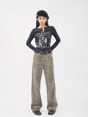 Vintage Leopard Print Wide Leg Panther Denim Jeans