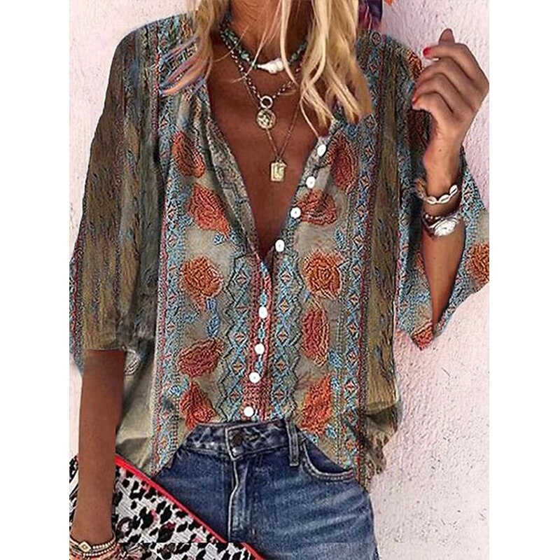 Vintage Loose Stamens Print Blouses