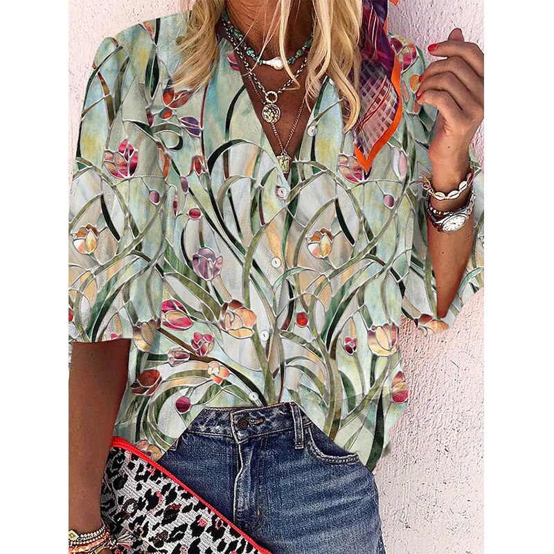 Vintage Loose Stamens Print Blouses