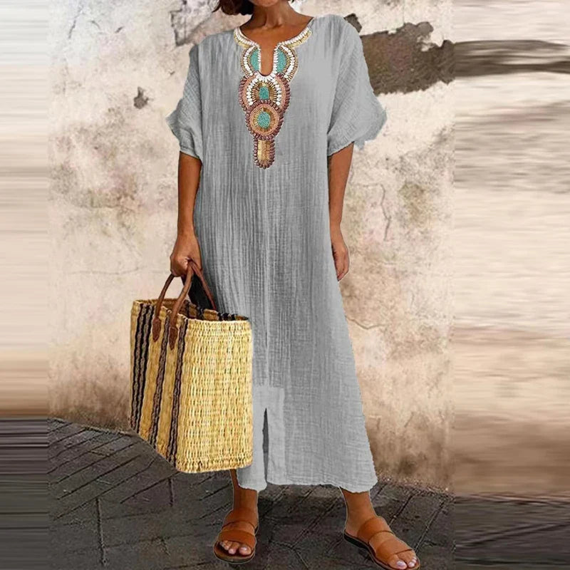 Vintage Solid Cotton Linen V-Neck Split Boho Dress