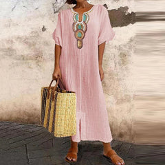 Vintage Solid Cotton Linen V-Neck Split Boho Dress