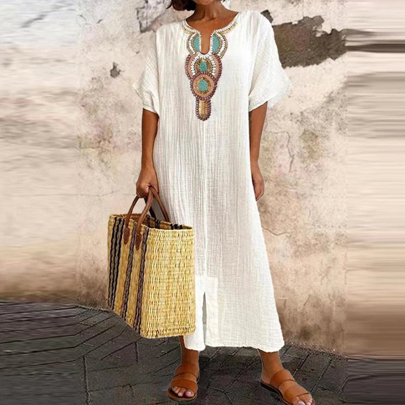 Vintage Solid Cotton Linen V-Neck Split Boho Dress