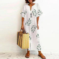 Vintage Solid Cotton Linen V-Neck Split Boho Dress