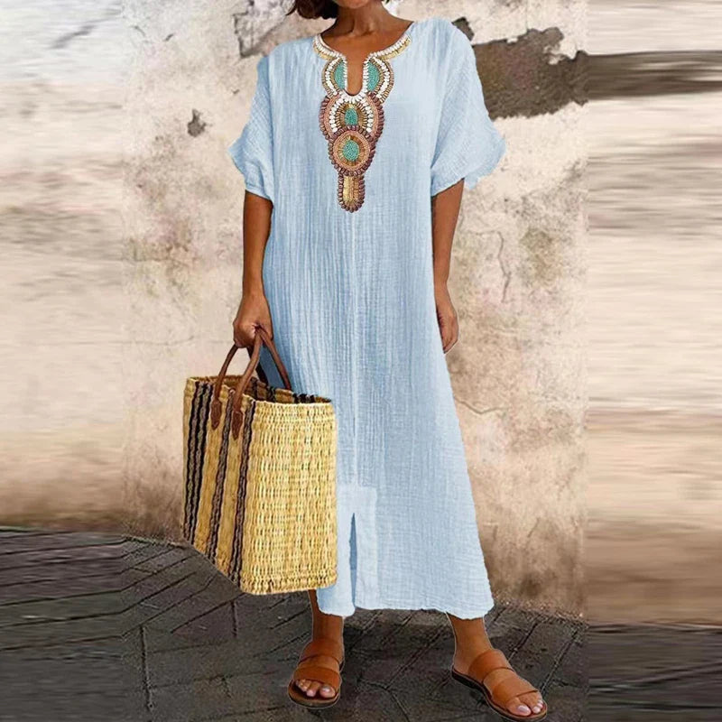 Vintage Solid Cotton Linen V-Neck Split Boho Dress