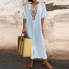 Vintage Solid Cotton Linen V-Neck Split Boho Dress