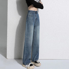 Vintage Wide-Legged Female New Explosive High-waisted Straight Loose Small Drag Jeans