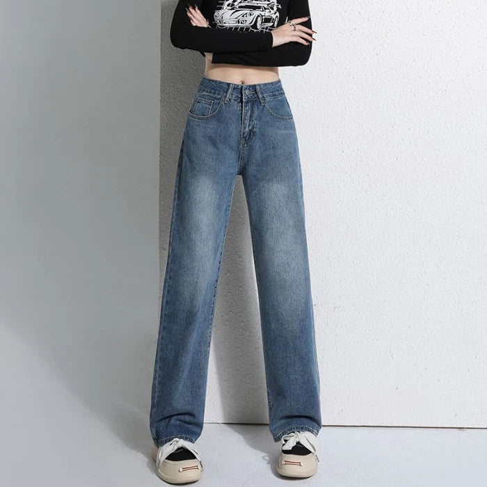 Vintage Wide-Legged Female New Explosive High-waisted Straight Loose Small Drag Jeans