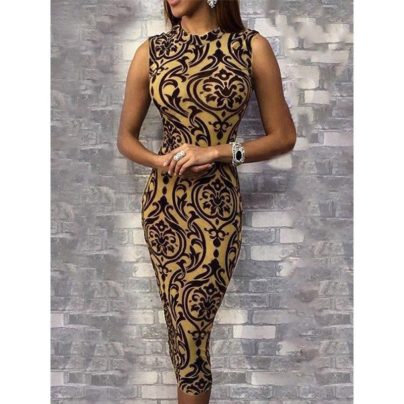 Vintage flower print bodycon midi dress sleeveless slim fit pencil summer dress Elegant party dresses vestidos verano 2019