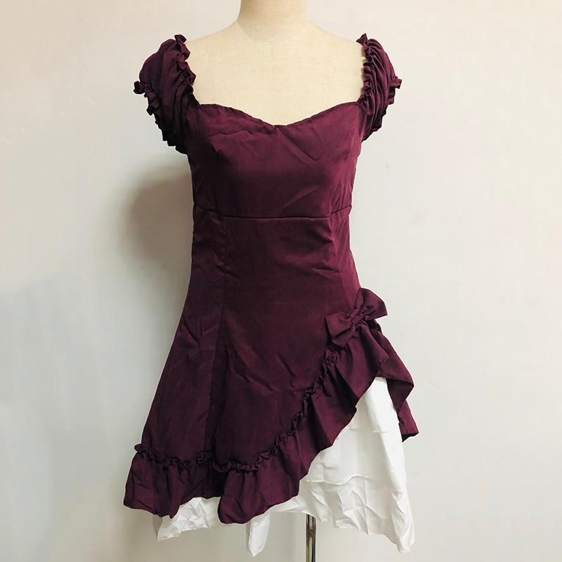 Vintage ruffles gothic dress short sleeve high waist bow patchwork dresses Elegant womens party dress cute vestidos mujer