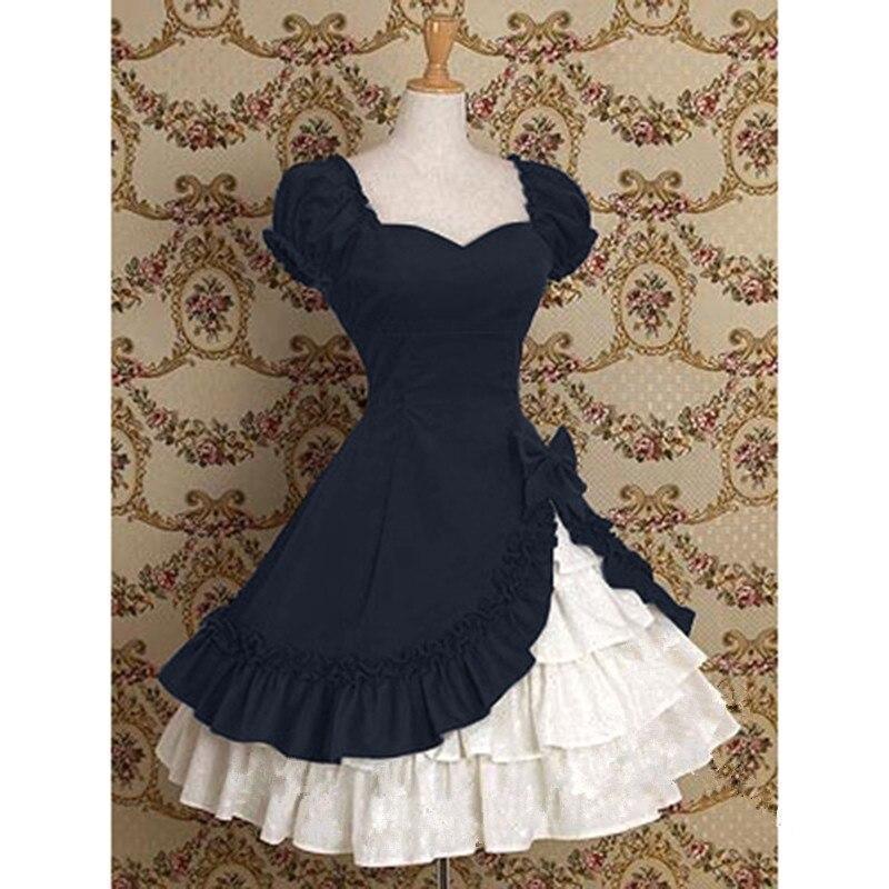 Vintage ruffles gothic dress short sleeve high waist bow patchwork dresses Elegant womens party dress cute vestidos mujer