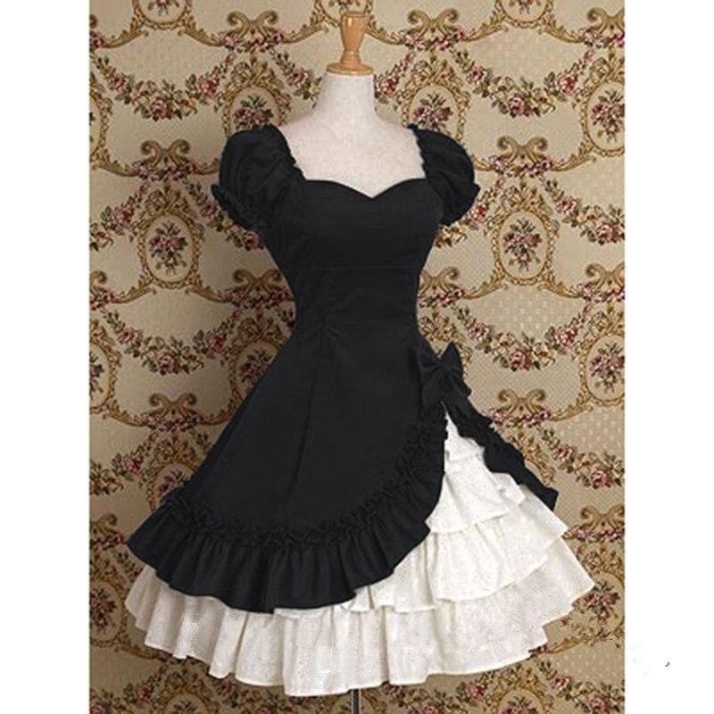 Vintage ruffles gothic dress short sleeve high waist bow patchwork dresses Elegant womens party dress cute vestidos mujer