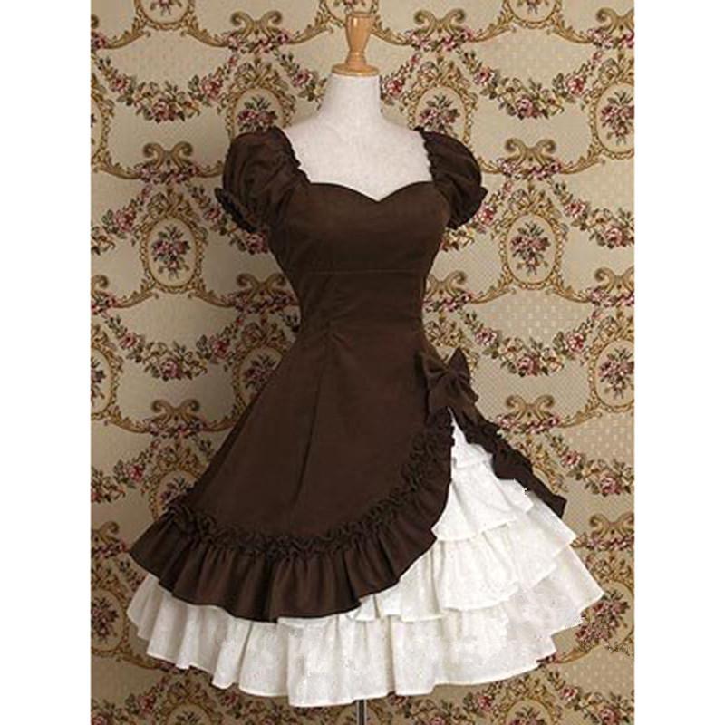 Vintage ruffles gothic dress short sleeve high waist bow patchwork dresses Elegant womens party dress cute vestidos mujer