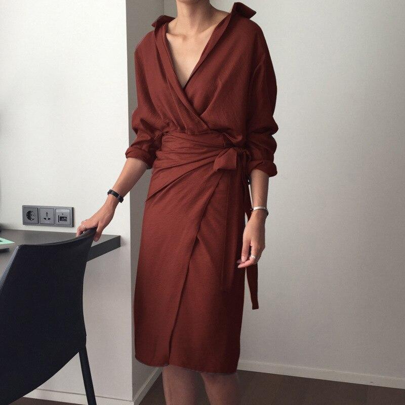 v neck front split tie waist dress