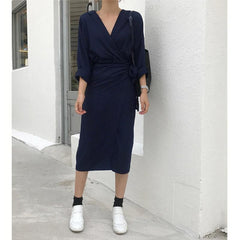 v neck front split tie waist dress