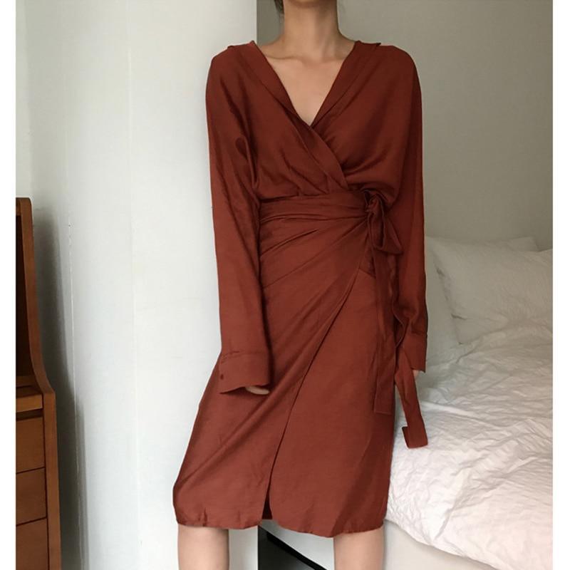 v neck front split tie waist dress