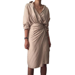 v neck front split tie waist dress