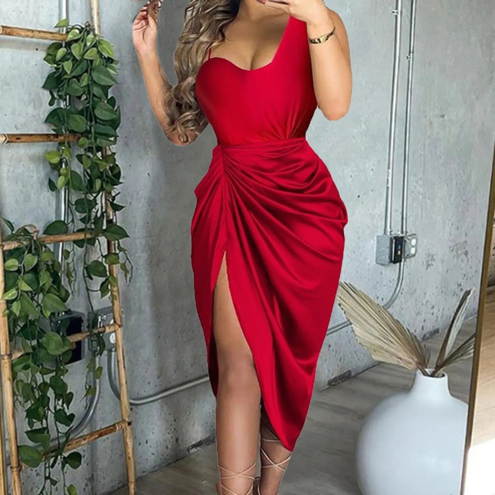 Wedding Guest For Solid Color Side Slit Smocked One Shoulder Evening Casual Party Midi Dress