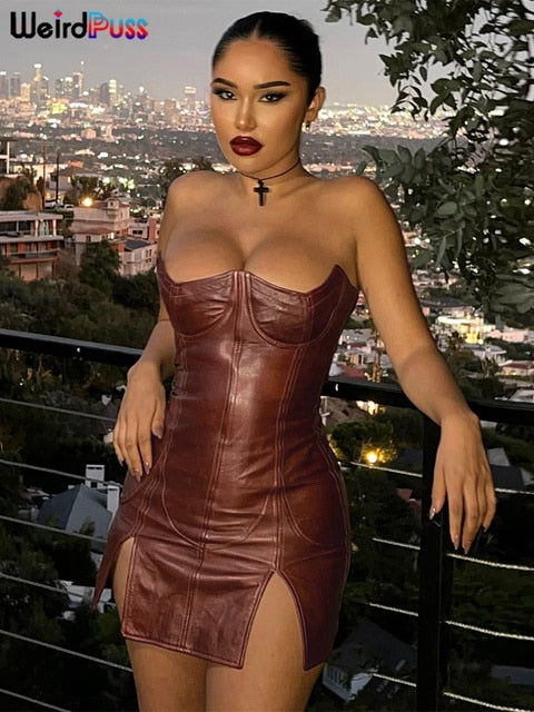 Weird Puss Backless Dress Split Faux Leather Trend Skinny Solid Coquette