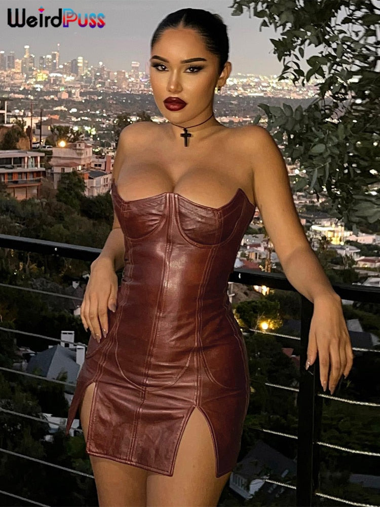 Weird Puss Backless Dress Split Faux Leather Trend Skinny Solid Coquette
