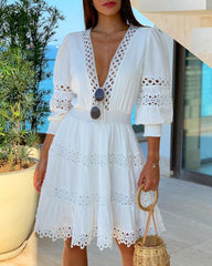 White Deep V Neck Lace Trim Dress Half Sleeve Hollow Out Dress Summer