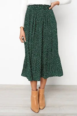 Dots Floral Print Elastic Side Pockets Skirt
