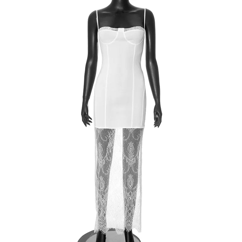White Lace Patchwork Summer Sexy Sleeveless Slim Charming Stylish Maxi Dress