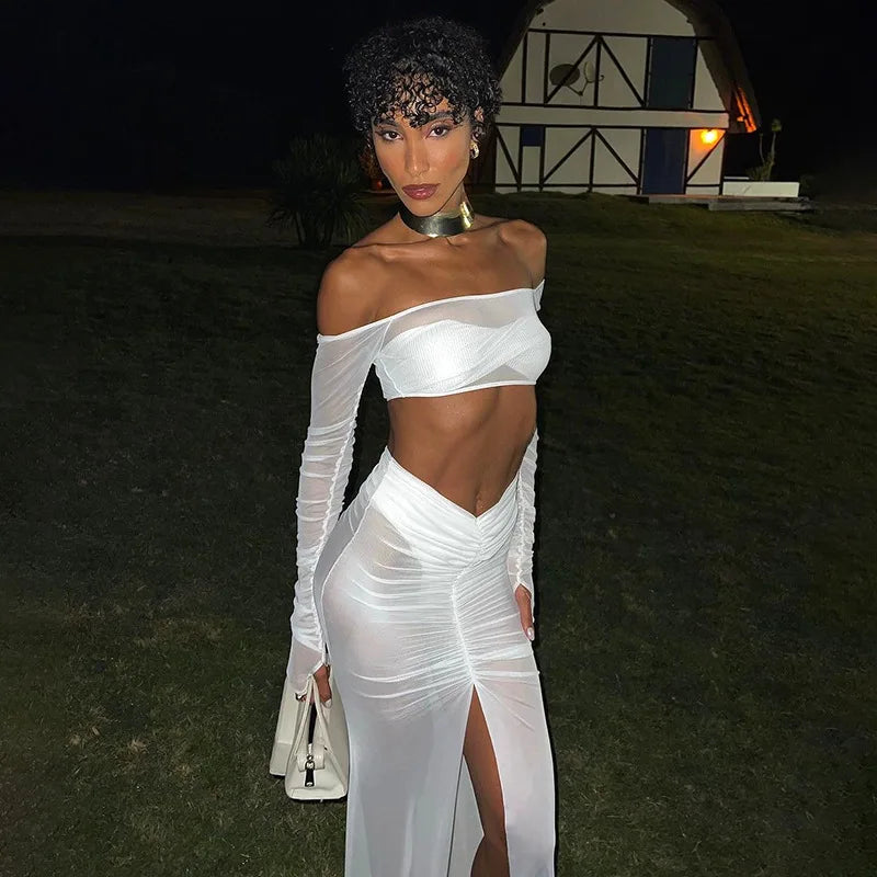 Mesh See Through Long Ruched Summer Skirt