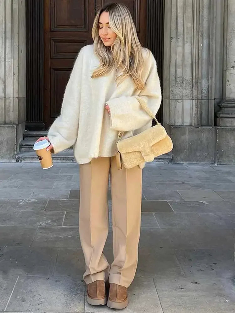 White O Neck Loose Knitted For Fashion Long Sleeves Oversize Sweater