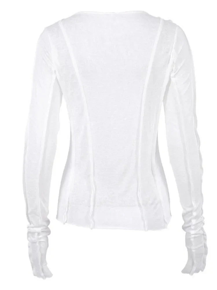White O-Neck Yellow Long Sleeve Fall Slim Elastic Solid Crop Tops