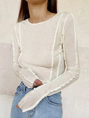 White O-Neck Yellow Long Sleeve Fall Slim Elastic Solid Crop Tops