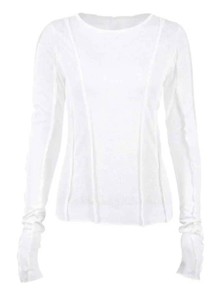 White O-Neck Yellow Long Sleeve Fall Slim Elastic Solid Crop Tops