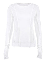 White O-Neck Yellow Long Sleeve Fall Slim Elastic Solid Crop Tops