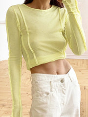 White O-Neck Yellow Long Sleeve Fall Slim Elastic Solid Crop Tops