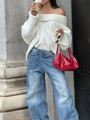 White Off Shoulder Backless Pleat Striped Loose Long Sleeve Fashion Ladies Party Sweater