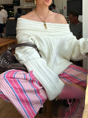 White Off Shoulder Backless Pleat Striped Loose Long Sleeve Fashion Ladies Party Sweater