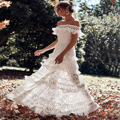White Prom Dresses Lace Off Shoulder Ruffles Midi Dresses