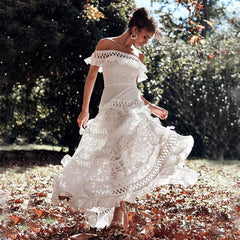 White Prom Dresses Lace Off Shoulder Ruffles Midi Dresses