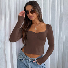 Square Neck Crop Spring Summer Fashion Long Sleeve Side Split WomenT-shirt